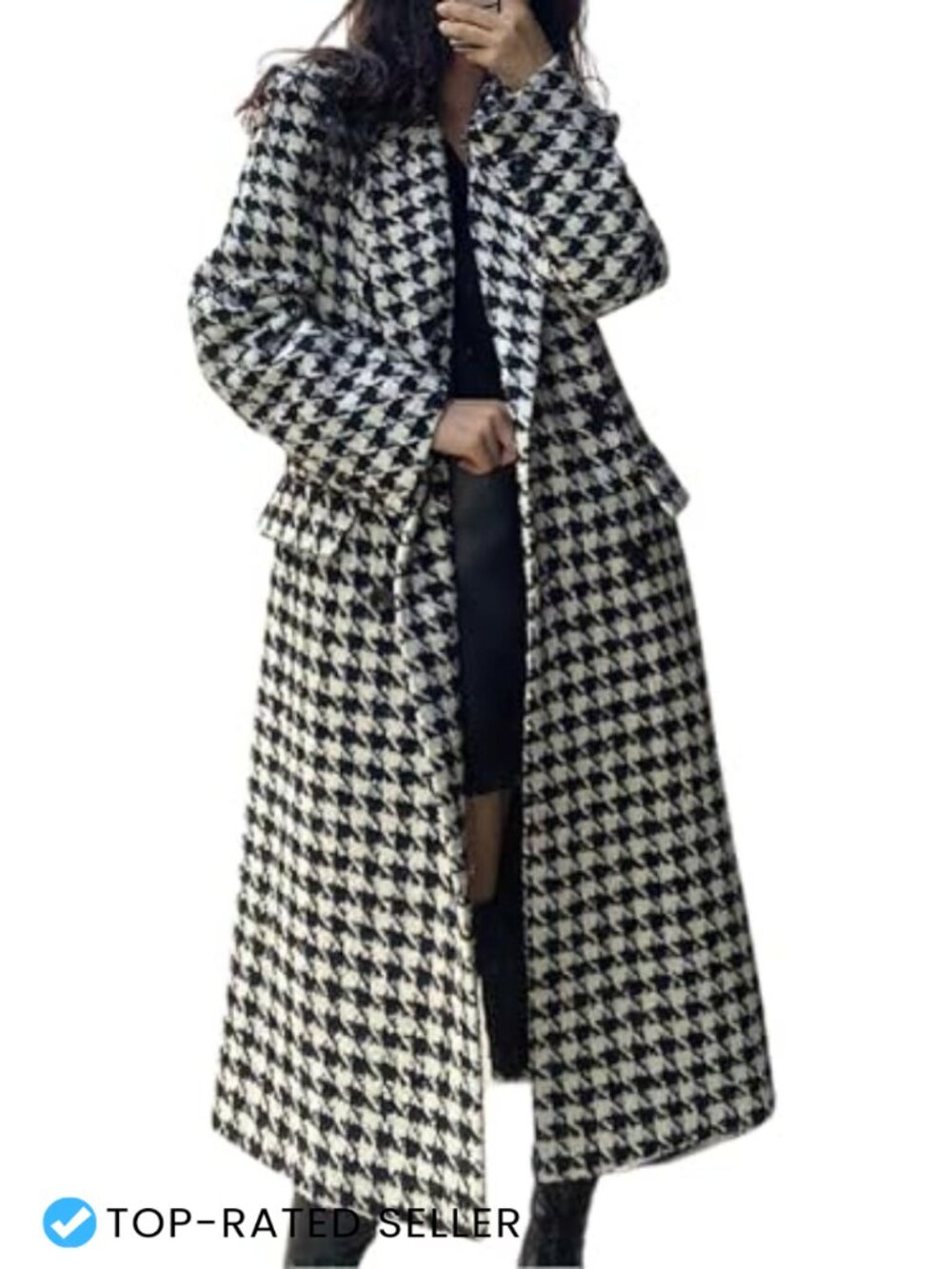Wool Blend Houndstooth Trench Coat Notch Lapel Double Breasted Peacoat